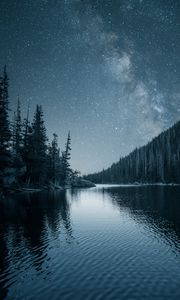 Preview wallpaper river, trees, starry sky, night, landscape