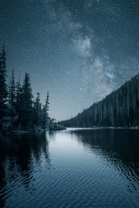 Preview wallpaper river, trees, starry sky, night, landscape