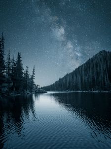 Preview wallpaper river, trees, starry sky, night, landscape