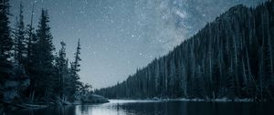 Preview wallpaper river, trees, starry sky, night, landscape