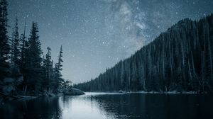 Preview wallpaper river, trees, starry sky, night, landscape