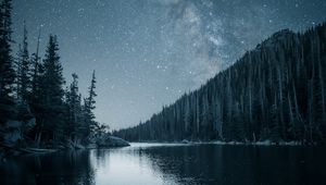 Preview wallpaper river, trees, starry sky, night, landscape
