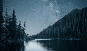 Preview wallpaper river, trees, starry sky, night, landscape