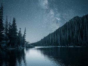 Preview wallpaper river, trees, starry sky, night, landscape