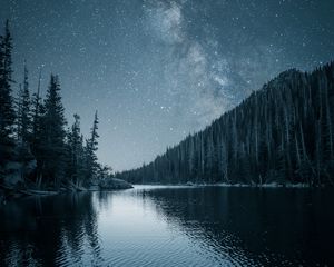 Preview wallpaper river, trees, starry sky, night, landscape