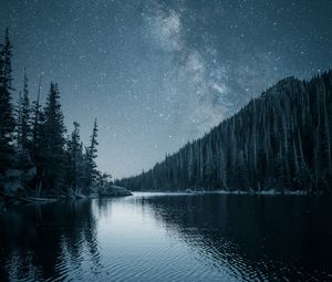 Preview wallpaper river, trees, starry sky, night, landscape