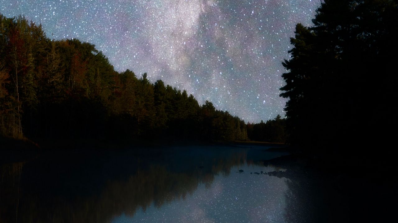 Wallpaper river, trees, starry sky, night, reflection