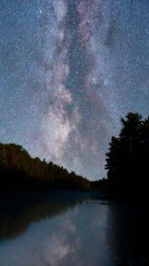 Preview wallpaper river, trees, starry sky, night, reflection