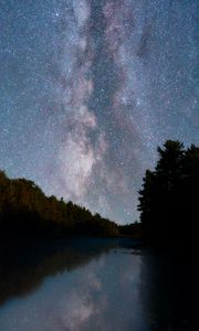 Preview wallpaper river, trees, starry sky, night, reflection
