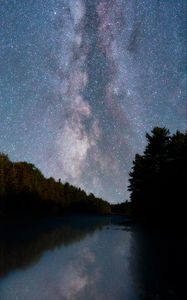 Preview wallpaper river, trees, starry sky, night, reflection