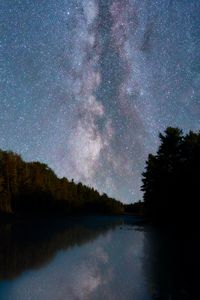 Preview wallpaper river, trees, starry sky, night, reflection