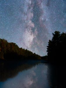 Preview wallpaper river, trees, starry sky, night, reflection