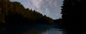 Preview wallpaper river, trees, starry sky, night, reflection