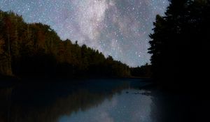 Preview wallpaper river, trees, starry sky, night, reflection