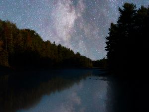 Preview wallpaper river, trees, starry sky, night, reflection