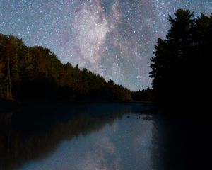 Preview wallpaper river, trees, starry sky, night, reflection