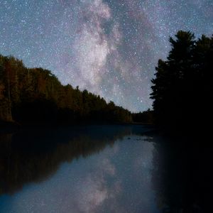 Preview wallpaper river, trees, starry sky, night, reflection