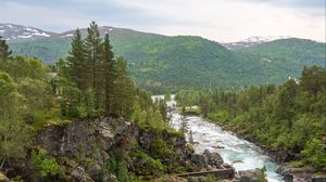 Preview wallpaper river, trees, stones, mountains