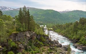 Preview wallpaper river, trees, stones, mountains