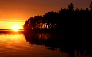 Preview wallpaper river, trees, sunset, dark
