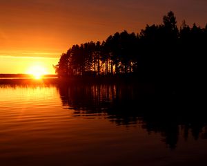 Preview wallpaper river, trees, sunset, dark