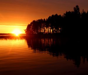 Preview wallpaper river, trees, sunset, dark