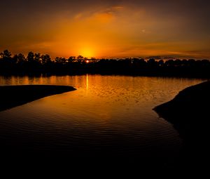 Preview wallpaper river, trees, sunset, dark, silhouettes