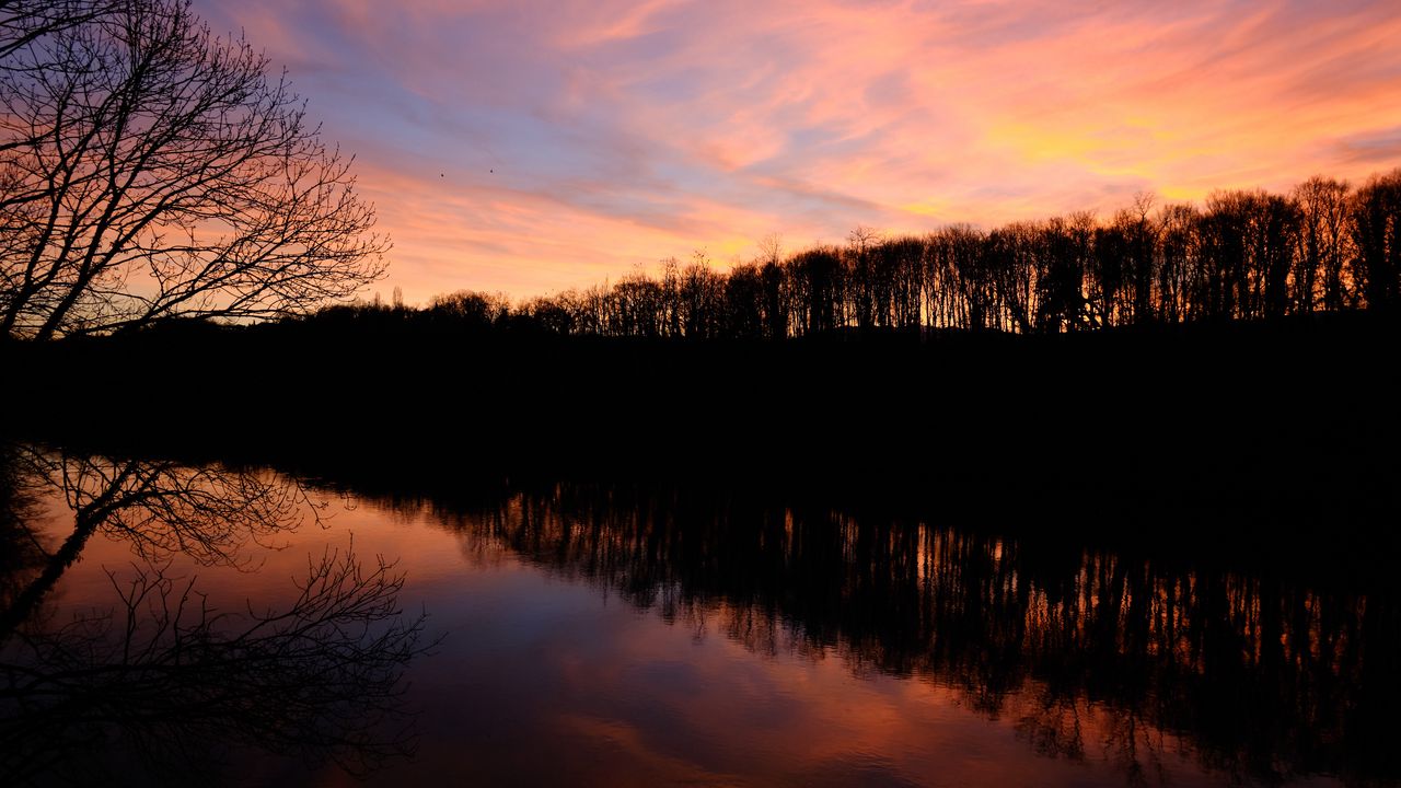 Wallpaper river, trees, sunset, reflection, dark