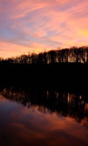 Preview wallpaper river, trees, sunset, reflection, dark
