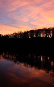 Preview wallpaper river, trees, sunset, reflection, dark