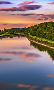Preview wallpaper river, trees, turn, sunset