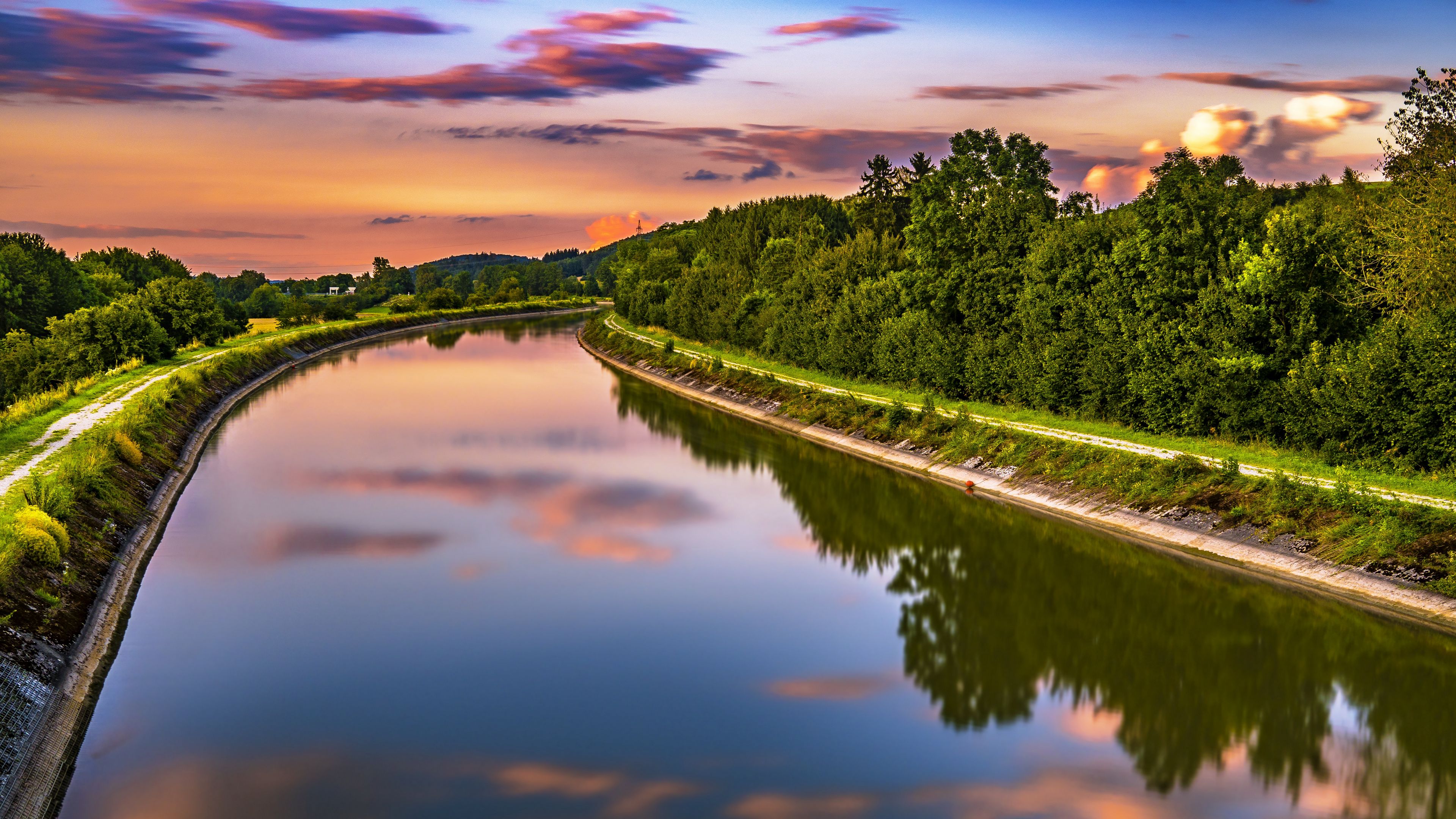 Download wallpaper 3840x2160 river, trees, turn, sunset 4k uhd 16:9 hd