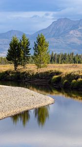 Preview wallpaper river, trees, valley, meadow, mountains, landscape