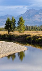 Preview wallpaper river, trees, valley, meadow, mountains, landscape