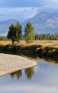 Preview wallpaper river, trees, valley, meadow, mountains, landscape