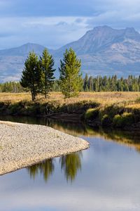 Preview wallpaper river, trees, valley, meadow, mountains, landscape