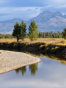 Preview wallpaper river, trees, valley, meadow, mountains, landscape