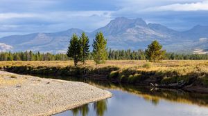 Preview wallpaper river, trees, valley, meadow, mountains, landscape