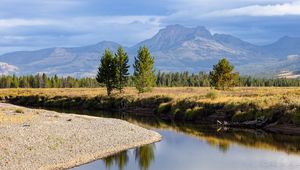 Preview wallpaper river, trees, valley, meadow, mountains, landscape