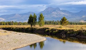 Preview wallpaper river, trees, valley, meadow, mountains, landscape