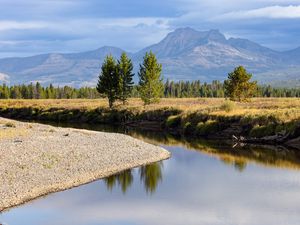 Preview wallpaper river, trees, valley, meadow, mountains, landscape