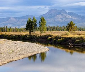 Preview wallpaper river, trees, valley, meadow, mountains, landscape