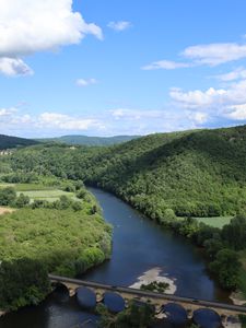 Preview wallpaper river, valley, forest, hills, bridge, nature