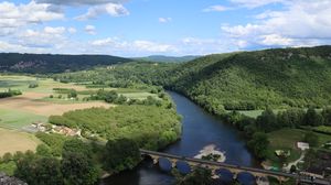 Preview wallpaper river, valley, forest, hills, bridge, nature