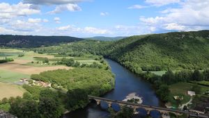 Preview wallpaper river, valley, forest, hills, bridge, nature