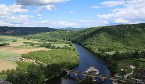 Preview wallpaper river, valley, forest, hills, bridge, nature