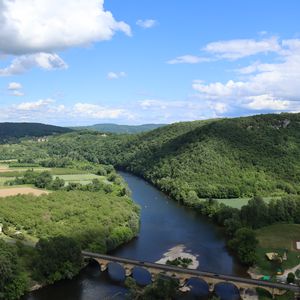 Preview wallpaper river, valley, forest, hills, bridge, nature
