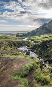 Preview wallpaper river, valley, landscape, nature, iceland