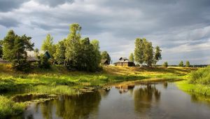 Preview wallpaper river, village, sky, cloudy, summer, green, water-lilies, trees, stream, coast, small