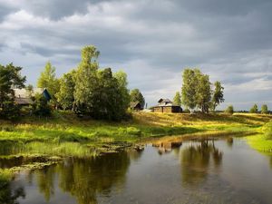 Preview wallpaper river, village, sky, cloudy, summer, green, water-lilies, trees, stream, coast, small